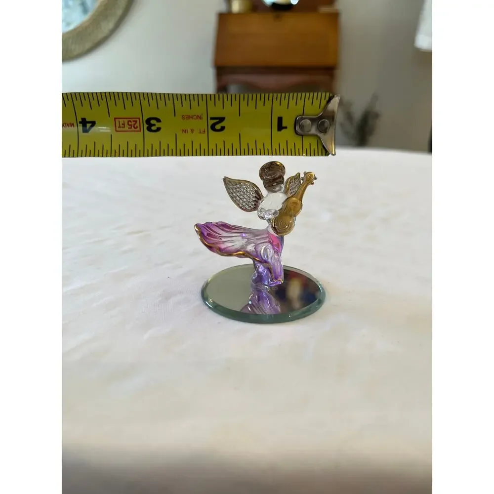 Crystallite Purple Spun Glass Musical Angel‎ Set 22kt Gold Trim Mirror Base Vtg